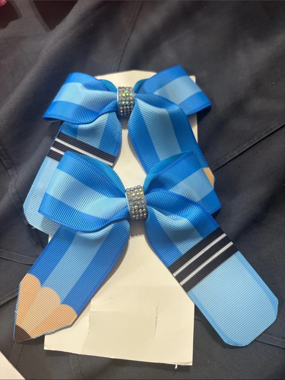Blue Striped Ribbon Bow Hair Clips with Rhinestone Center